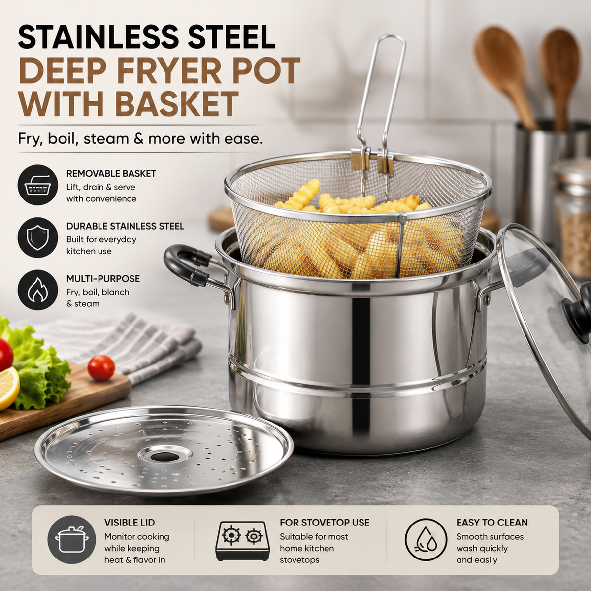 Stainless Steel Deep Fryer Pot with Basket