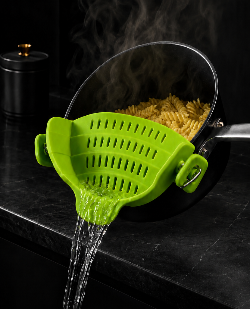 Green clip-on pot strainer draining hot pasta from a stainless-steel pot